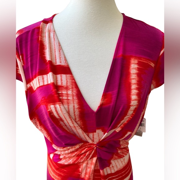 Natori Pink Orange Brushstroke Print Twist Front Sheath Dress Women’s Large New - Picture 2 of 8